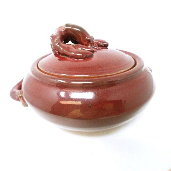 Bowl Serving Bowl Lobster Lid Glazed Pottery Burgundy Vintage Kitchen Decor - Picture 2 of 10